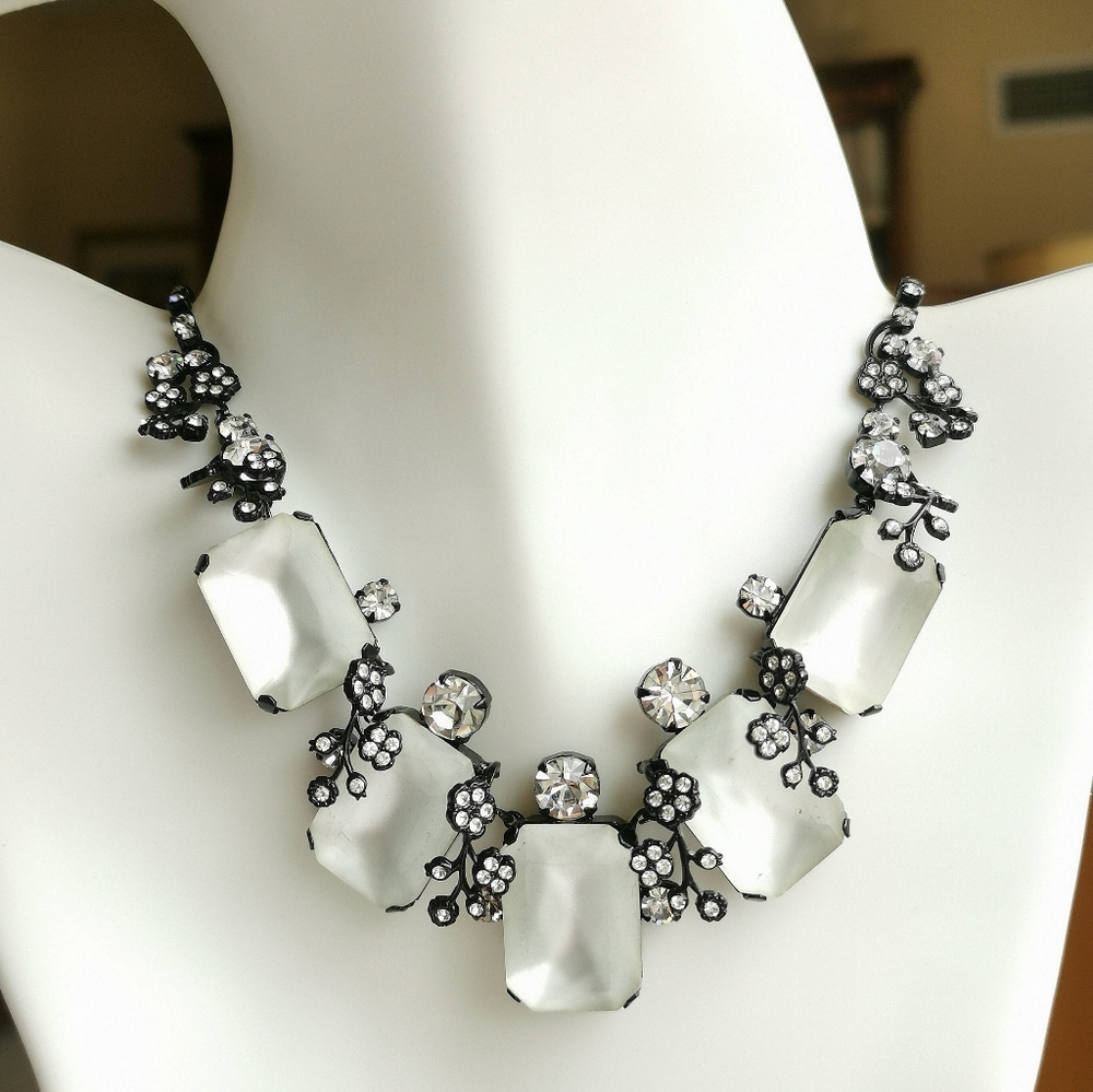 Vintage 90s Czech Handmade Glass Necklace Clear White Black